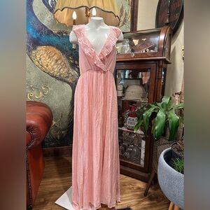 NWT  PALE PINK Maxi Dress Faux Wrap top Ruffled W/Tassel Belt Flowy Skirt